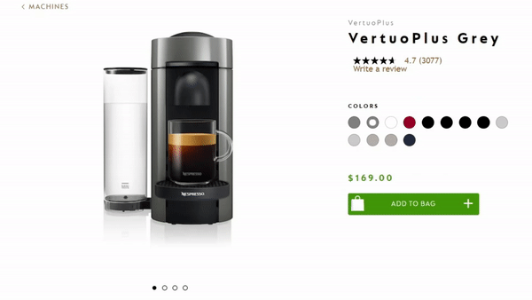 Choosing between the VertuoPlus by Breville and De'Longhi on the Nespresso website.